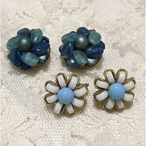 Vintage Clip On Earrings Blue Milk Glass and Blue Bead Hong Kong Lot of 2